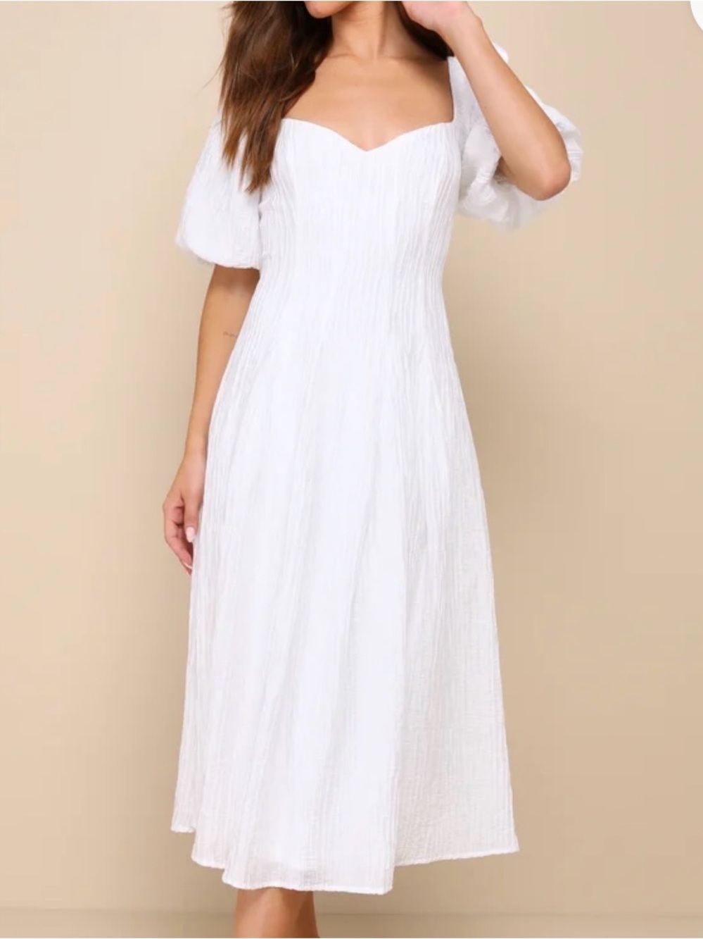 Lulus Heavenly Energy White Textured Puff Sleeve Pleated Midi Dress Size S